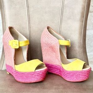 Christian Louboutin Praia 140 Multicolor Pink and Yellow Wedges Euro 36